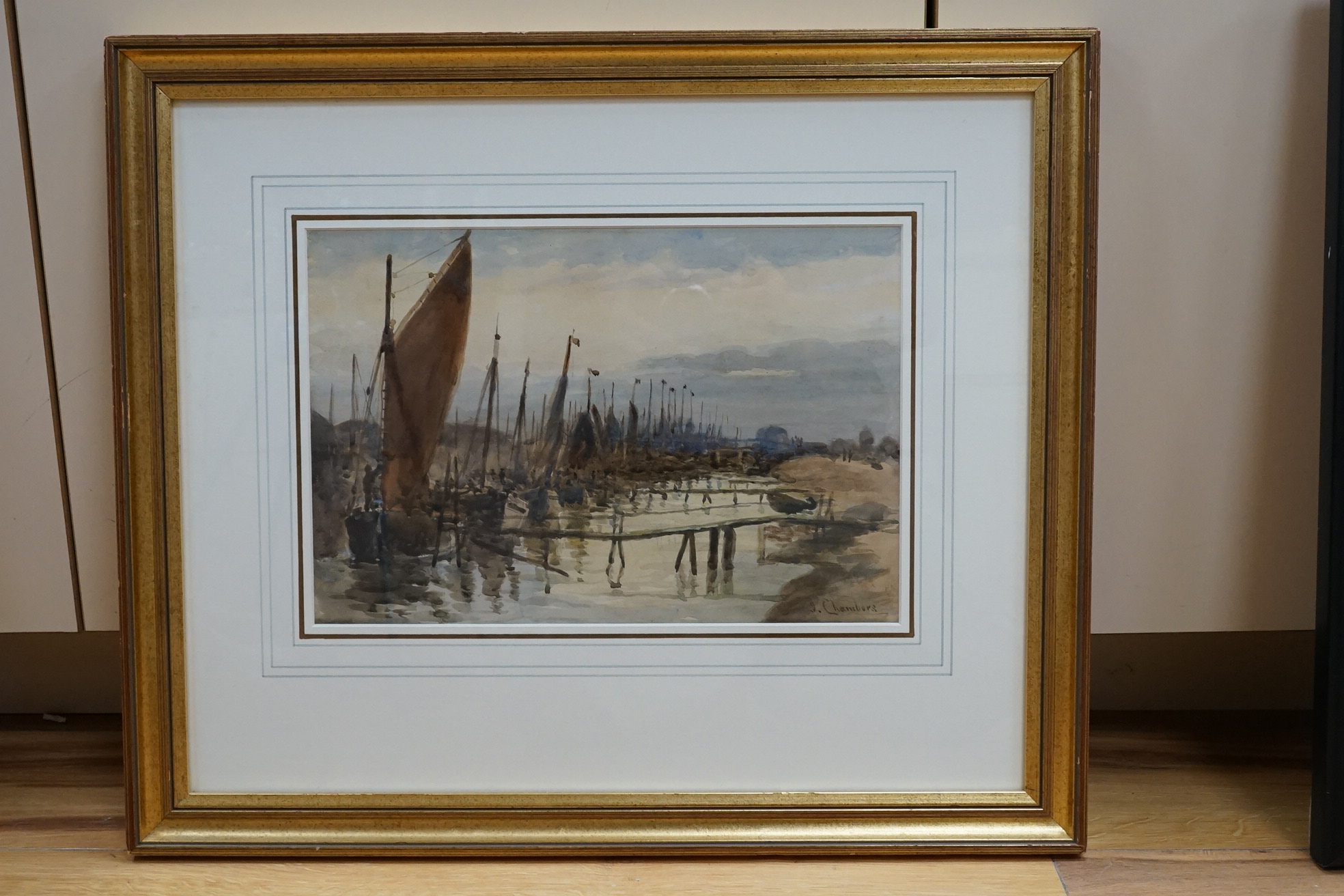John Chambers (1852-1928), watercolour, Norfolk fishing fleet, signed, 22 x 32cm. Condition - fair to good